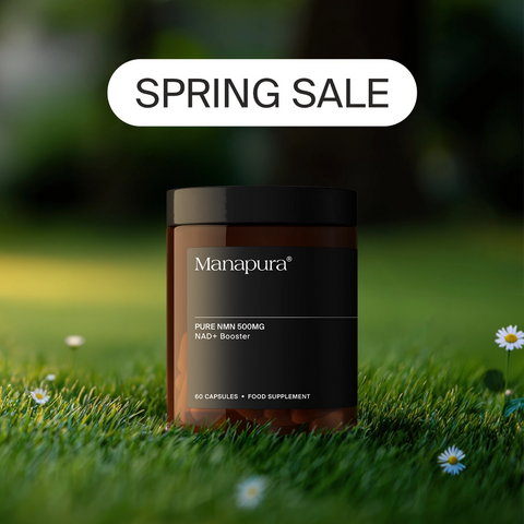 NMN Manapura supplement jar on grass with 'Spring Sale' text. The best supplements deal